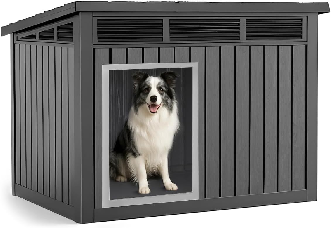 VIXZEN Dog House Indoor Outdoor,Waterproof Dog House for Small to Medium Dogs,Doghouse with Air Vents and Elevated Floor,Openable at The Top,Easy to Assemble and Clean,Black,32.2"×25.12"×24.13"