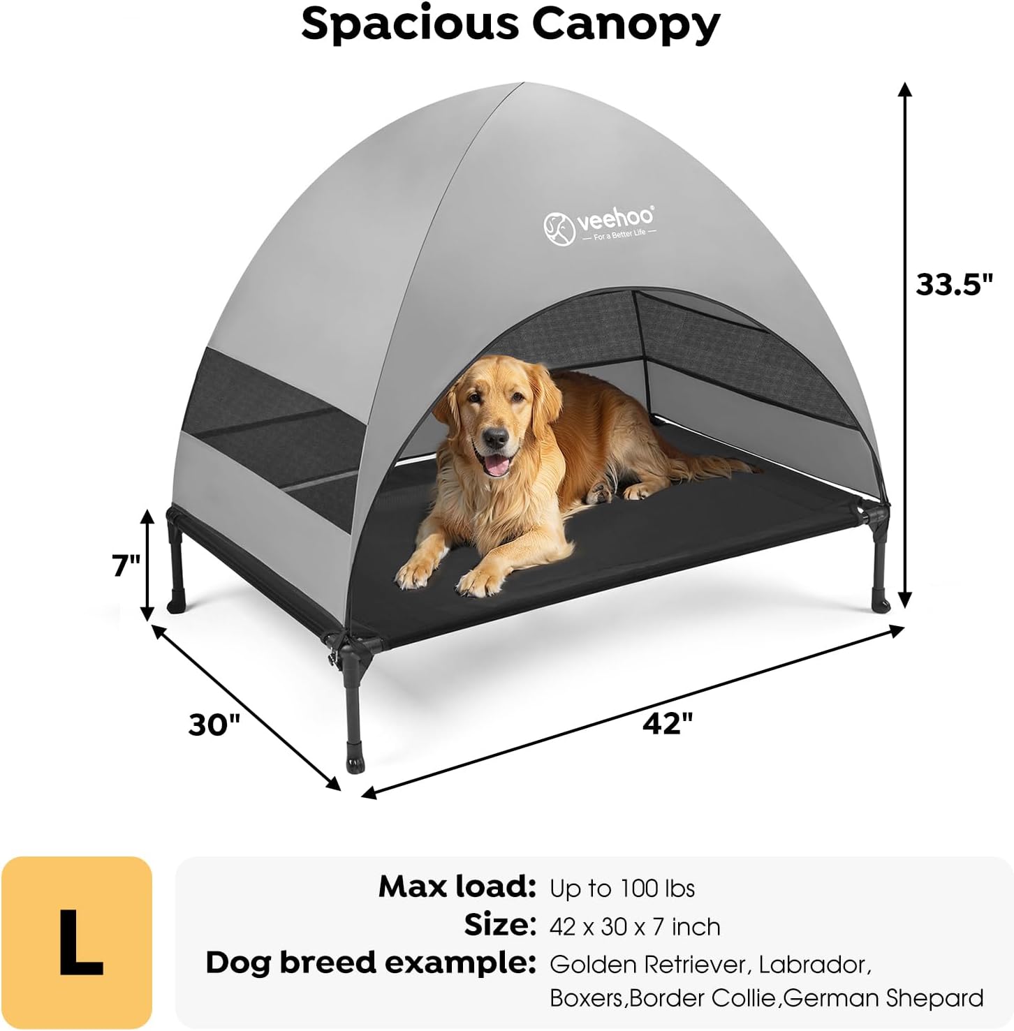 Veehoo Outdoor Dog Bed with Canopy, Cooling Elevated Pet Cot with Removable Shade, Non-Slip Feet, Raised Dog Cot for Large Dogs, Pet Tent Bed for Camping, Beach, Large, Black, CWC2411 - Pawvie