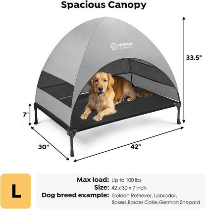 Veehoo Outdoor Dog Bed with Canopy, Cooling Elevated Pet Cot with Removable Shade, Non-Slip Feet, Raised Dog Cot for Large Dogs, Pet Tent Bed for Camping, Beach, Large, Black, CWC2411 - Pawvie
