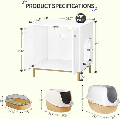 Cat Litter Box Enclosure, Hidden Litter Box Furniture Cabinet, Wooden Indoor Cat House, Side End Table, Living Room, Bedroom, White and Gold CB81203G