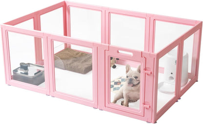 DIY Clear Acrylic Dog Playpen House,Quick Easy Assembly and Disassembly,Strong Floor Suction,Indoor and Outdoor Use,Easy Cleansing Puppy Fence (Sakura Pink, 23.6" H, 12PCS)