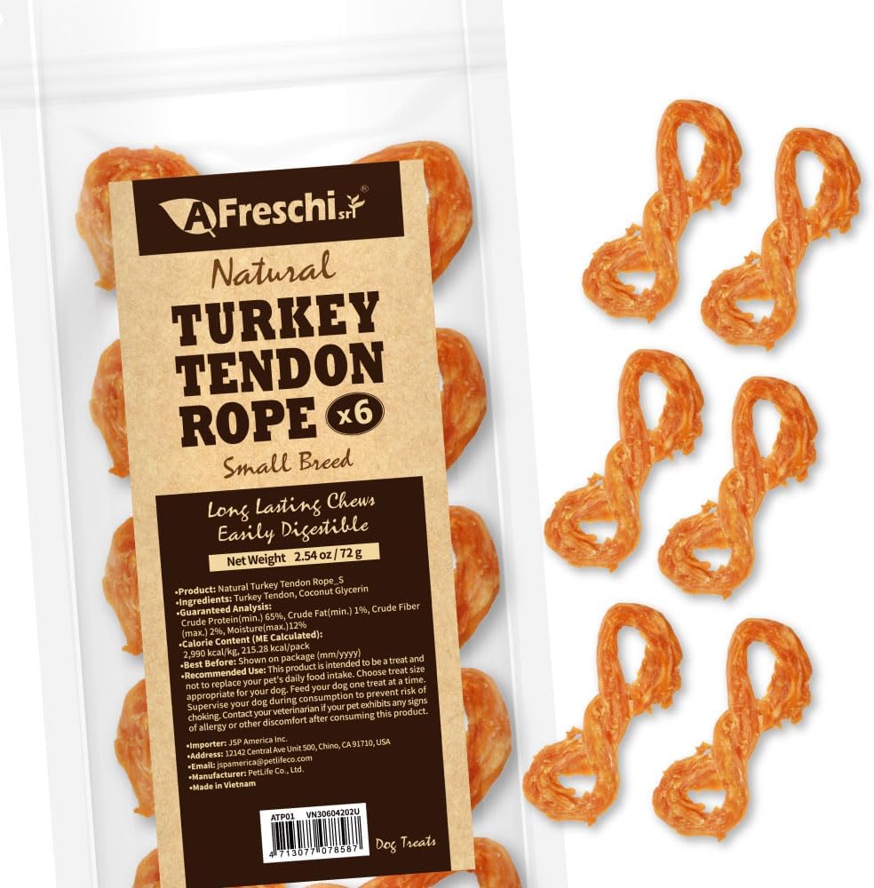 Afreschi Turkey Tendon Rope (S) 6 Pieces per Pack, USA-Sourced Turkey Tendon, All Natural Human Grade Puppy Chew, Hypoallergenic, Rawhide Alternative, Dog Treats for Small Breeds