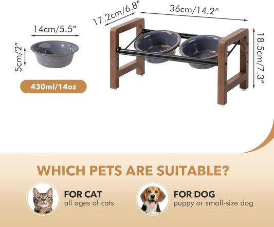5.5inch Ceramic Adjustable Raised Double Bowls Set with Stand, 3 Heights Elevated, 2 Placement Options, Food and Water Dishes for Puppy, Cats(Double Bowls+Stand, Reactived Glaze -Grey