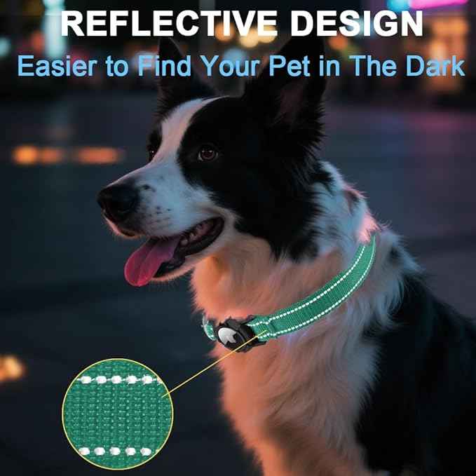 Airtag Dog Collar with Waterproof Air Tag Holder, Integrated Reflective Pet Collar with Soft Padding, Adjustable Nylon Collar for Small Medium Large Dogs, Green,L (16.1"-23.6")