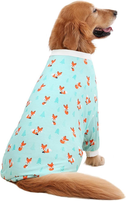 HDE Dog Pajamas One Piece Jammies Jumpsuit Pet Clothes Outfit Stretchy Lightweight Comfy Shirt Pjs for M-3XL Dogs Winter Foxes - L