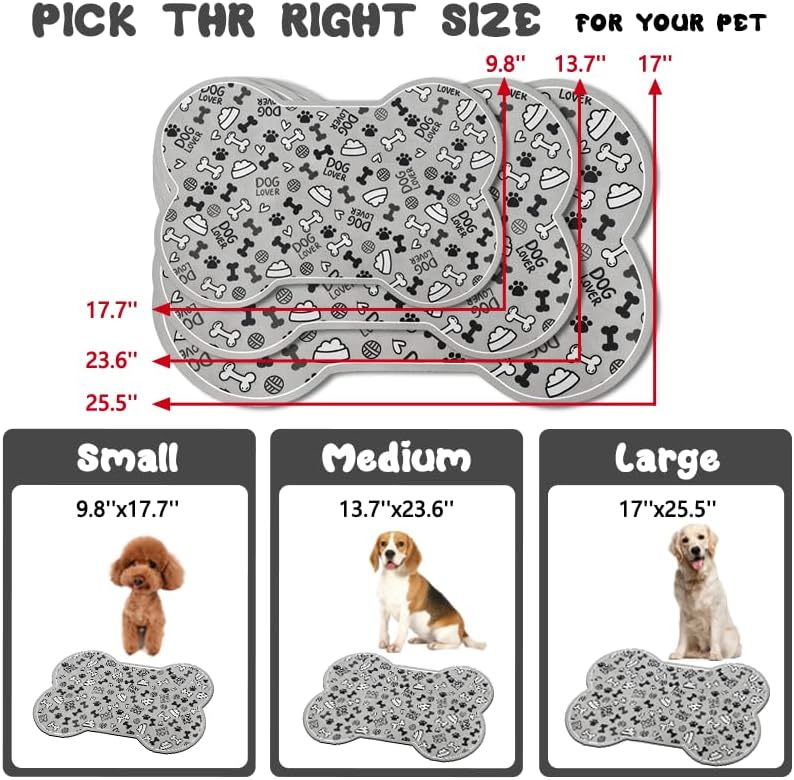 Dog Food Mats for Floors Waterproof, Pet Feeding Absorbent Water Bowl Mat Cat Placemats Gray Bone Shape 23.6 * 15.7 inch