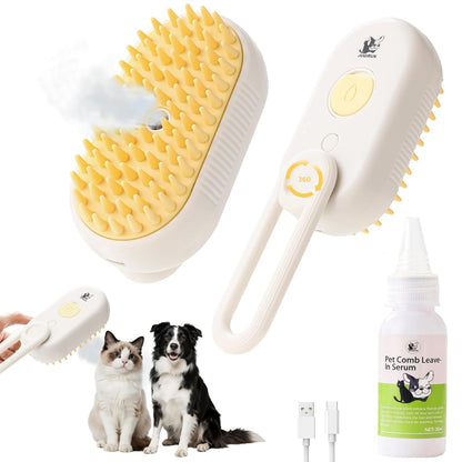 Cat Steam Brush for Shedding,4 in 1 Grooming Brush for Cats and Dogs,Deshedding,Massage,Cleaning & Anti-Static All In One,Suitable for Long & Short Haired Pets,Includes Waterless Shampoo,Yelow