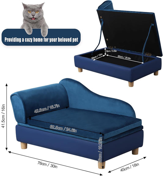 Pet Bed Sofa, Puppy Bed with Storage, Small Dog Couch with Removable & Washable Cushion, Comfy Pet Couch Bed for Cats & Puppy (Blue)
