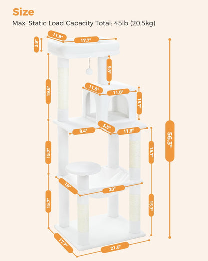 Cat Tree for Large Cats with Metal Plush Big Hammock, 56.3" Cat Tower for Indoor Cats with 2 Door Condo House, 6-Tier Cat Shelves with Scratching Posts and Large Top Perch, Cream White