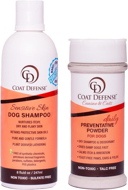 COAT DEFENSE Paw Licker Bundle | Dry Powder for Dogs & Sensitive Skin Dog Shampoo for Allergies and Itching | Smell & Itch Relief | Itchy Skin Relief & Yeast Dog Treatment