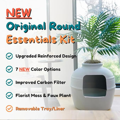 Good Pet Stuff Hidden Litter Box Planter, Decorative Cat Litter Enclosure with Carbon Filter, Artificial Plant, Easy Clean, Removable Liner, Round Style, Essentials Kit, Pebble Gray