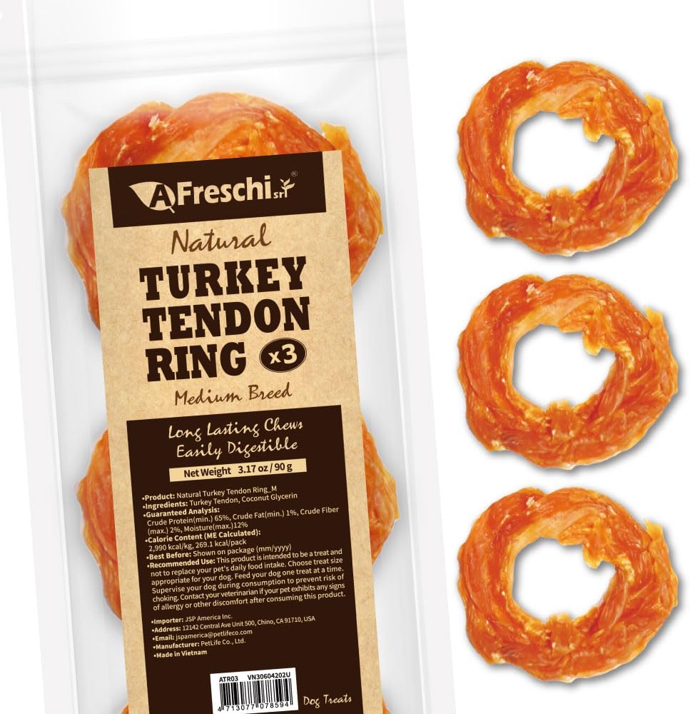 Afreschi Turkey Tendon Ring (M) 3.17 oz, USA-Sourced Turkey Tendon, All Natural Human Grade Dog Chew, Hypoallergenic, Rawhide Alternative, Dog Treats for Medium Breeds