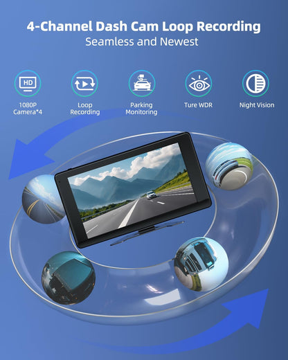 4 Channel 1080p HD Backup Camera System with 10.2" Touchscreen Monitor, DVR Recording/Playback, Bluetooth, FM Radio & Media Player for Trucks, Semis, RVs, Trailers, Vans, SUVs, Cars