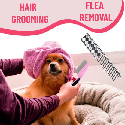 Dog Grooming Kit - Deshedding Brush for Short Hair, Slicker Brush, Flea Comb, Puppy Brush Set in Pink