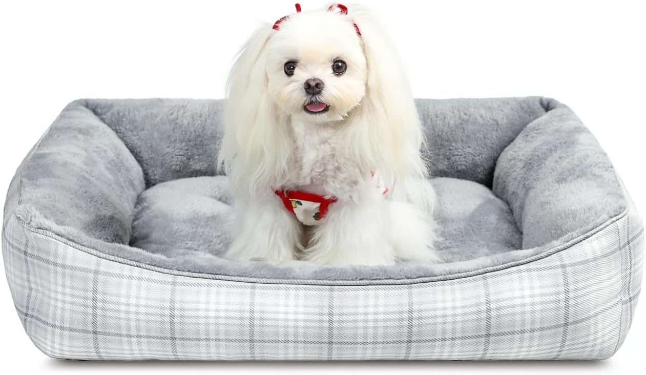 MIHIKK Rectangle Dog Beds for Small Dogs & Cats, Orthopedic Sleeping Pet Bed for Couch with Durable Puppy Cuddler and Anti-Slip Bottom Machine Washable 20 * 18 Inch (Gray)