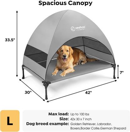 Veehoo Outdoor Dog Bed with Canopy, Cooling Elevated Pet Cot with Removable Shade, Non-Slip Feet, Raised Dog Cot for Large Dogs, Pet Tent Bed for Camping, Beach, Large, Grey, CWC2411 - Pawvie