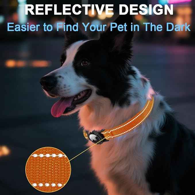Airtag Dog Collar with Waterproof Air Tag Holder, Integrated Reflective Pet Collar with Soft Padding, Adjustable Nylon Collar for Small Medium Large Dogs, Orange, XS (9.5"-11.8")