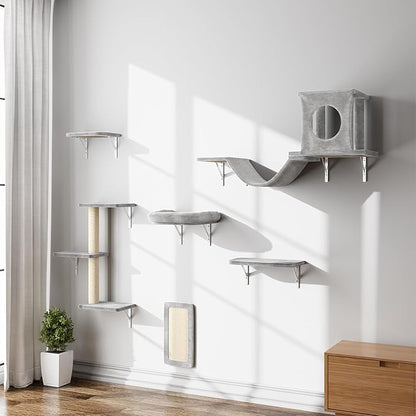 NUNU LAB Cat Wall Shelves, Cat Walls Mounted Climber Set, 6-in-1 Cat Climbing Furniture, Cat Scratching Post, Cat House, Cat Bridge, Cat Steps, Cat Climb Board & Cat Hammock, for Indoor Drywall, Gray