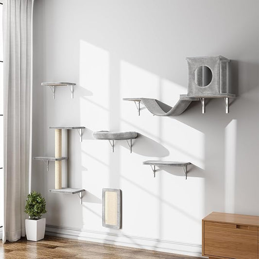 NUNU LAB Cat Wall Shelves, Cat Walls Mounted Climber Set, 6-in-1 Cat Climbing Furniture, Cat Scratching Post, Cat House, Cat Bridge, Cat Steps, Cat Climb Board & Cat Hammock, for Indoor Drywall, Gray