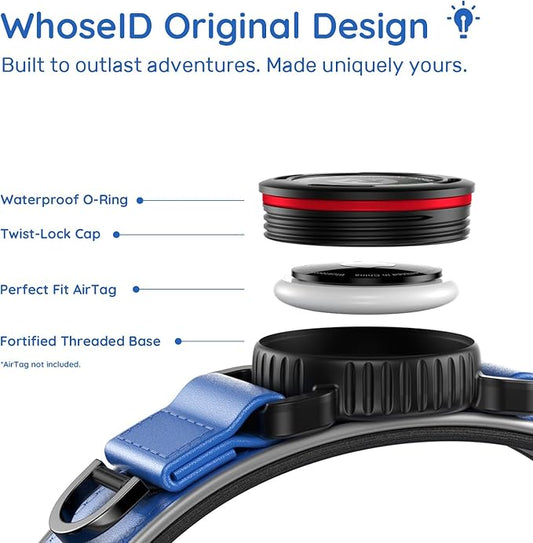 WhoseID Premium Leather Dog Collar - Waterproof AirTag Dog Collar | Magnetic Buckle Heavy Duty Collar | Medium Reflective Dog Collar with AirTag Holder
