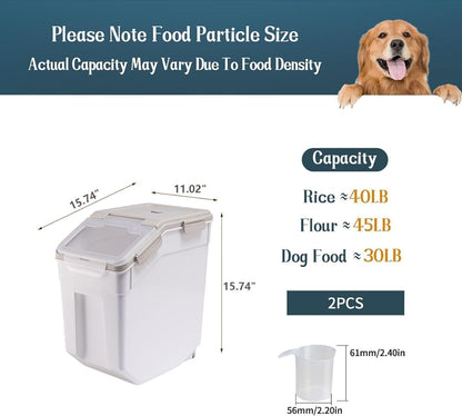AnRui Rice Storage Container 50LB, Airtight Flour Storage Containers, Plastic Cereal Grain Dispenser Organizer Pet Food Storage Bin with Lid, Measuring Cup, Scoop, Gray, 2Pcs(Total Capacity:100LBS)