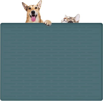 32" x 24" Large Pet Food Mat, Silicone Dog Mats for Food and Water, Nonslip Pet Feeding Mats for Floors,Dog Cat Bowl Mat with Raised Edges, Dark Green