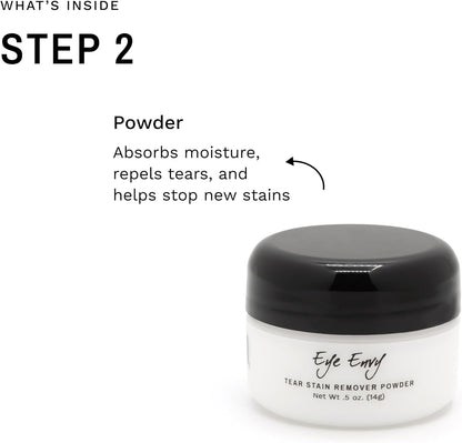 Eye Envy Dog Tear Stain Remover Starter Kit. 100% Natural, Safe. Contains: Stain Solution, Applicator Pads, and Stain Powder. Tear Stain Treatment Kit. Lasts 30-45 Days. Made in USA