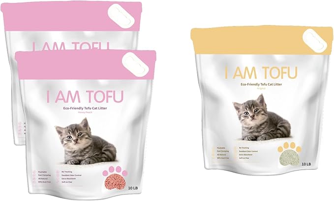 I AM TOFU - Tofu Cat Litter, Natural Flushable Extra Clumping Pellet Litter, 10LB x 3 (Honey Peach 2 & Original 1)