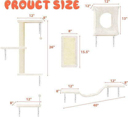 NUNU LAB Cat Wall Shelves, 5Pc Wall Mounted Cat Climber, Floating Perch, Bridge,Tree, House, Modern Indoor Furniture for Kitten - Beige