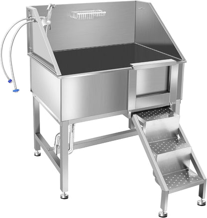 38" Dog Washing Station, Professional Stainless Steel Dog Bathing Station, Equipped with Three Anti-Slip Steps, Removable Door, Upgraded Spray Nozzle&Hose - Ideal for Home, Pet Grooming Salon,R-RAMP