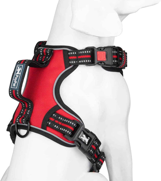 PoyPet No Pull Dog Harness, No Choke Front Clip Reflective Dog Vest with Soft Padded Vertical Handle, 3 Leash Attachments for Small Medium Large Dogs (Red,XL)