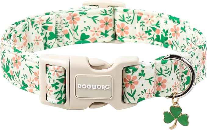 DOGWONG St Patrick's Dog Collar, Green Clover Pet Collar Cotton Flower Shamrock Pet Collar Cute Puppy Collar Adjustable Pet Dog Collars for Large Dogs,XL