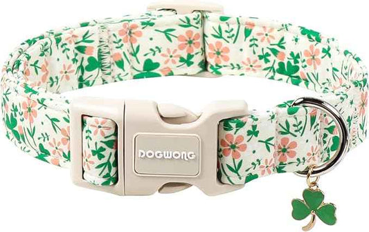 DOGWONG St Patrick's Dog Collar, Green Clover Pet Collar Cotton Flower Shamrock Pet Collar Cute Puppy Collar Adjustable Pet Dog Collars for Small Dogs