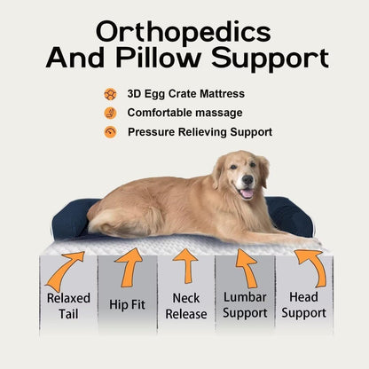Orthopedic Large Dog Bed Washable: Orthopedic Dog beds for XXXLarge Size Dogs, Waterproof Washable Cover with Egg Foam Removable Bolster, Navy Blue Pet Beds for Large Dogs