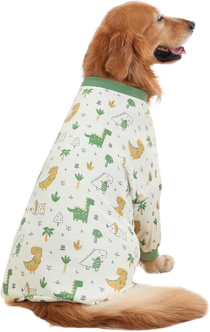 HDE Dog Pajamas One Piece Jammies Jumpsuit Pet Clothes Outfit Stretchy Lightweight Comfy Shirt Pjs for M-3XL Dogs Forest Dinos - XL