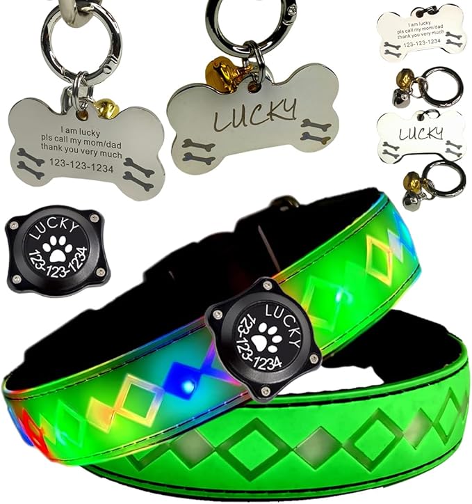 LED Dog Collar with AirTag Holder and Custom ID Tag, 15 Light Modes, Waterproof, Multiple Colors (Green Pro, S(7.87-11.8"))