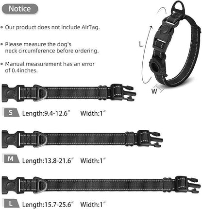 JSXD AirTag Dog Collar, Night Reflective Nylon Dog Collar for Small Medium Large Dogs,Lockable Quick Release Buckle,Padded Breathable Pet Collar with AirTag Holder (Black, Large)