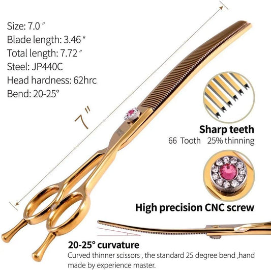 Fenice Peak Professional Dog Grooming Scissors Pet Curved Thinning Shears 7.0'' Extremely Sharp Blades 440C Steel Thinning Scissors Durable Smooth Motion & Fine Cut for Dogs and Cats(Gold)