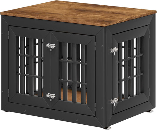 32" Heavy Duty Dog Crate Furniture for Small,Medium and Large Dogs,Rustic Wooden Dog Cage Kennel Indoor Furniture with Waterproof Top,Decorative Pet House Side End Table (Black & Wood)