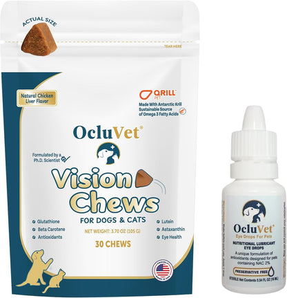 Bundle Eye Supplements for Dogs & Cats | Vision Chews with Omega-3 for All Ages | Includes 30 Chicken Liver Flavored Chews & Pet Eye Drops, 16 mL | Antioxidants & 2% NAC for Cataracts