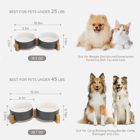 SPUNKYJUNKY Ceramic Dog and Cat Bowl Set with Wooden Stand, Modern Cute Weighted Food Water Set for Small Size Dogs (13.5OZ) & Medium Sized Dogs (28.7OZ) & Cats (3.6 Cups, 2 × White-Grey)