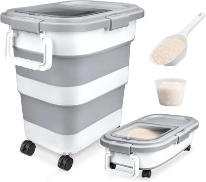 Rice Storage Container, Collapsible Airtight Food Storage Containers 10-40 Lbs, Rice Dispenser Bin with Cup and Scoop for Flour Cereal Pasta Grain, Cat Bird Pet Dog Food Storage Container