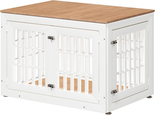 42" Heavy Duty Dog Crate Furniture for Small,Medium and Large Dogs,Rustic Wooden Dog Cage Kennel Indoor Furniture with Waterproof Top,Decorative Pet House Side End Table (White & Wood)