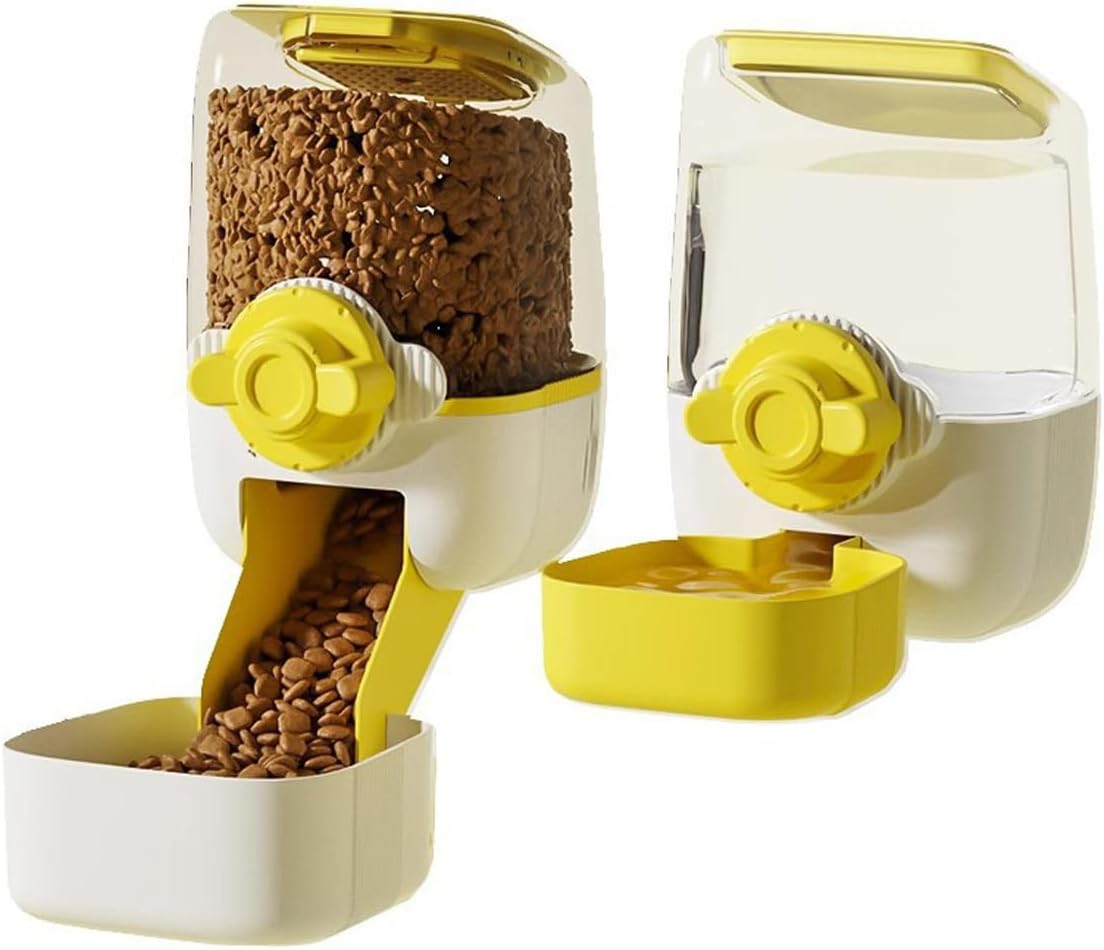 Pet Hanging Automatic Feeders Drinking Bowls，Gravity Rabbit Feeder and Water Set，Cage Cat Food Bowl Feeding Station for Puppy Kitten Chinchilla Hedgehog Guinea Pig Ferret (Yellow-Water)