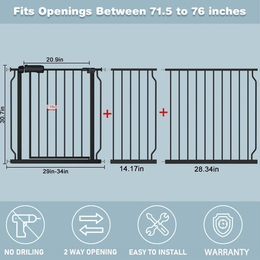 Extra Wide Baby Gate 71.6-76.37 Inch Black, Walk Through Pressure Mounted No Drill Long Large Tension Metal Gate for Dog and Toddler