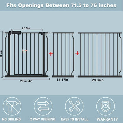 Extra Wide Baby Gate 71.6-76.37 Inch Black, Walk Through Pressure Mounted No Drill Long Large Tension Metal Gate for Dog and Toddler