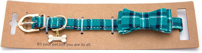 Puppy Collars for Small Dogs - StrawberryEC Adjustable Puppy Id Buckle Collar Leather. Cute Plaid Bandana Dog Collar (Bow-Peacock Green)