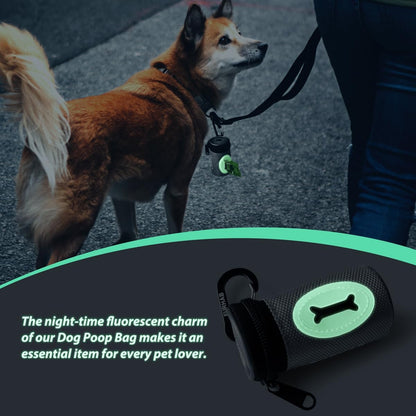 Glow Dog Poop Bag Holder for Leash Doggie Waste Bag Dispenser Puppy Potty Carrier Small Doggy Zipper Pouch with Carabiner Clip 1680D Nylon Oxford with 1 Roll of Pet Trash Bags, Silver - Pawvie