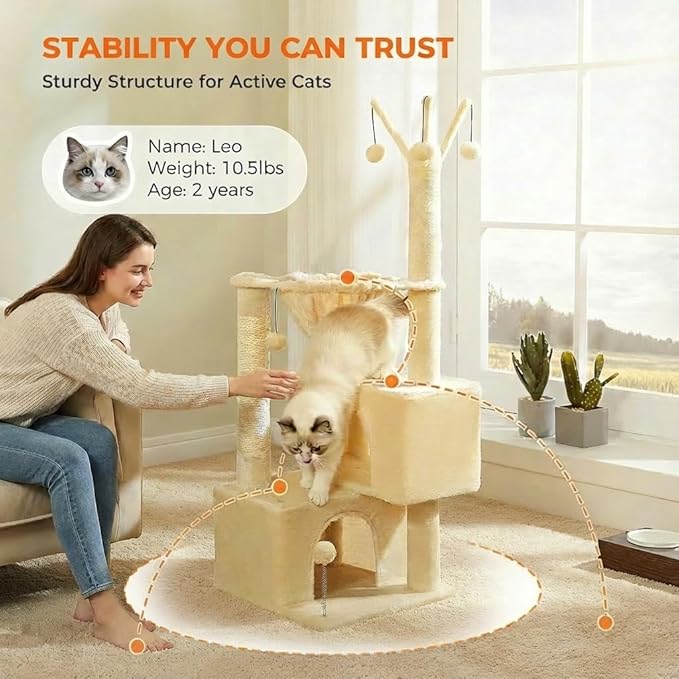 Cat Tree 45" for Indoor Cats, Compact Cat Tower with 2 Condos, Hammock Bed & 5 Hanging Ball Toys, Space-Saving Sturdy Cat Condo Furniture for Kittens & Small-Medium Cats