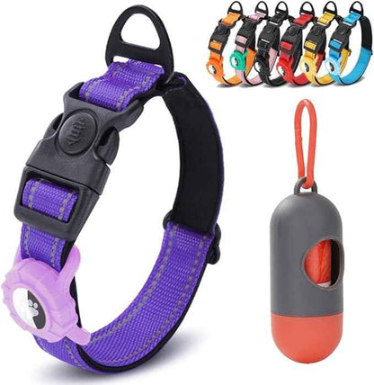 JSXD AirTag Dog Collar, Night Reflective Nylon Dog Collar for Small Medium Large Dogs,Lockable Quick Release Buckle,Padded Breathable Pet Collar with AirTag Holder (Purple, Small(9.4"-12.6"))